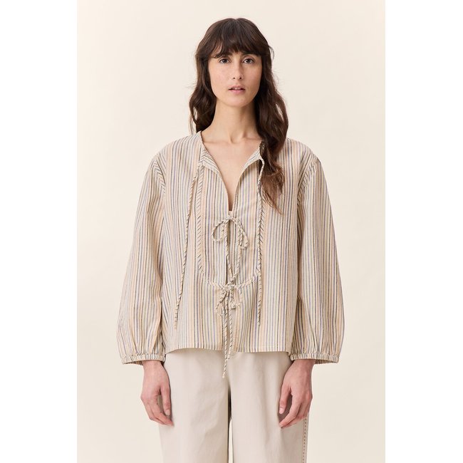Blouse rayée manches longues, liens à nouer, CARSA beige <span itemprop=