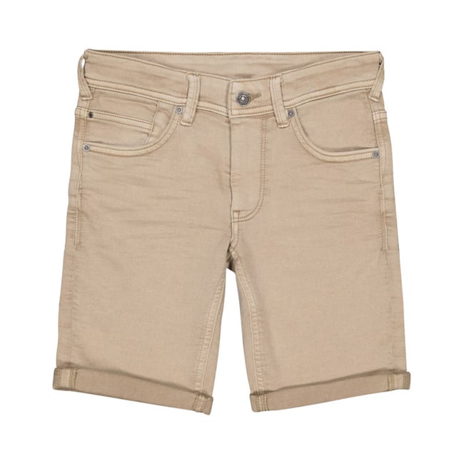 Short en coton mélangé beige uni avec une coupe droite et des revers beige <span itemprop=