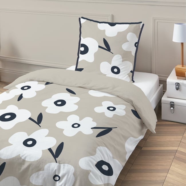 Parure de lit 1 personne en coton imprimé fleurs LENA beige <span itemprop=