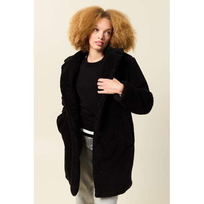 Manteau long laine mouton noir <span itemprop=