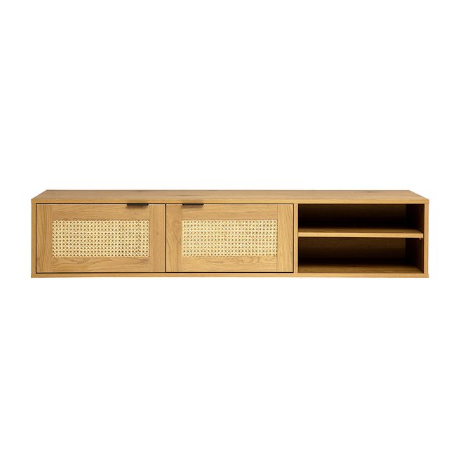 Meuble tv mural finition bois clair et cannage rotin 2 portes L150 cm MANILLE Couleur chêne clair <span itemprop=