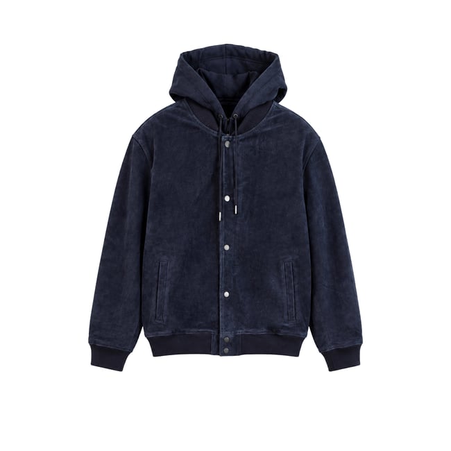 Blouson cuir velours capuche amovible bleu marine <span itemprop=