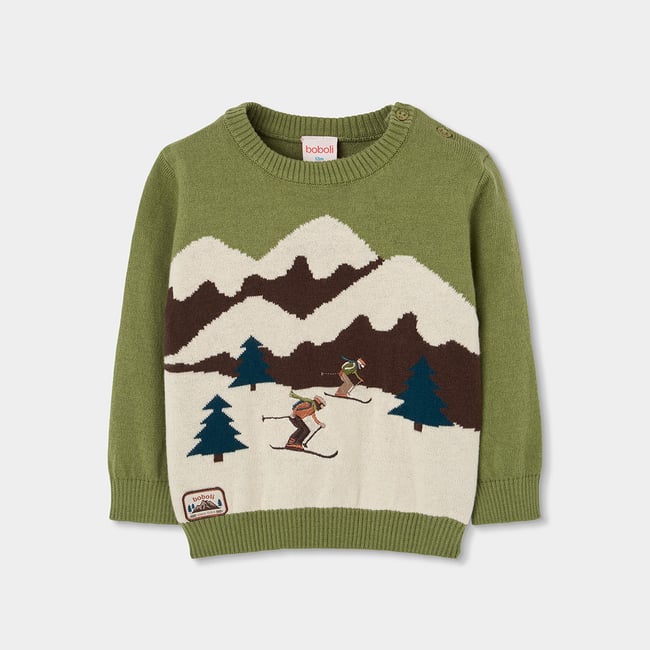Pull garçon imprimé skieurs vert <span itemprop=