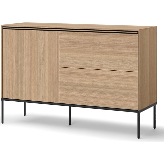 Commode 1 porte 2 tiroirs chêne collection VISSO Couleur chêne linéaire et noir <span itemprop=