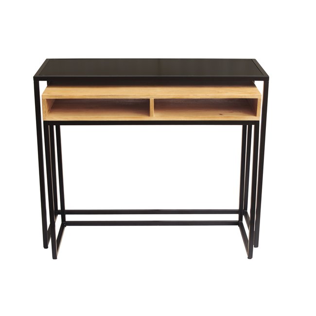 Console bureau d'appoint avec rangements casiers en bois manguier massif et métal noir L100 cm YPKA Couleur bois clair / noir <span itemprop=