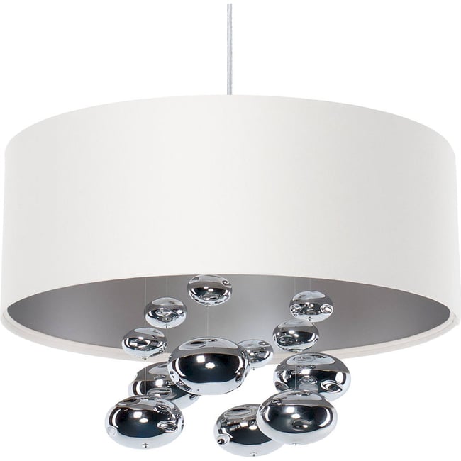 Suspension ronde en tissu et boules argentées Bubble Light Couleur blanc satin et argent mat <span itemprop=