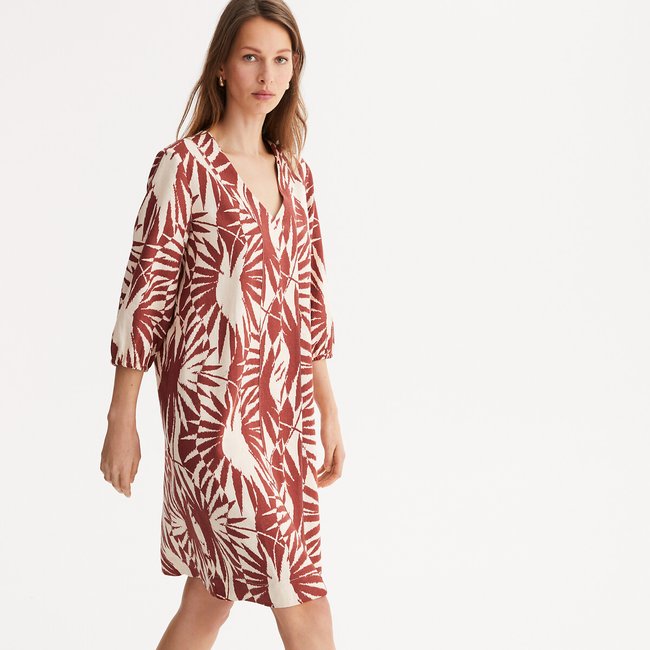Robe droite imprimé floral, mi-longue, manches 3/4 imprimé fond ivoire <span itemprop=