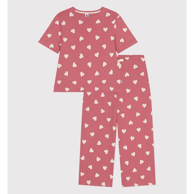 Pijama de mangas curtas, em algodão estampado fundo rosa <span itemprop=