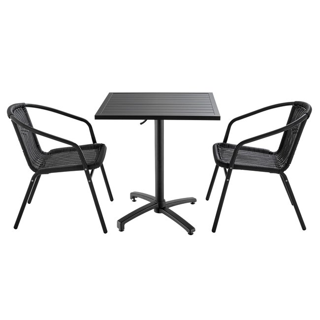 Table de terrasse rabattable carrée et 2 fauteuils aluminium et résine gris <span itemprop=