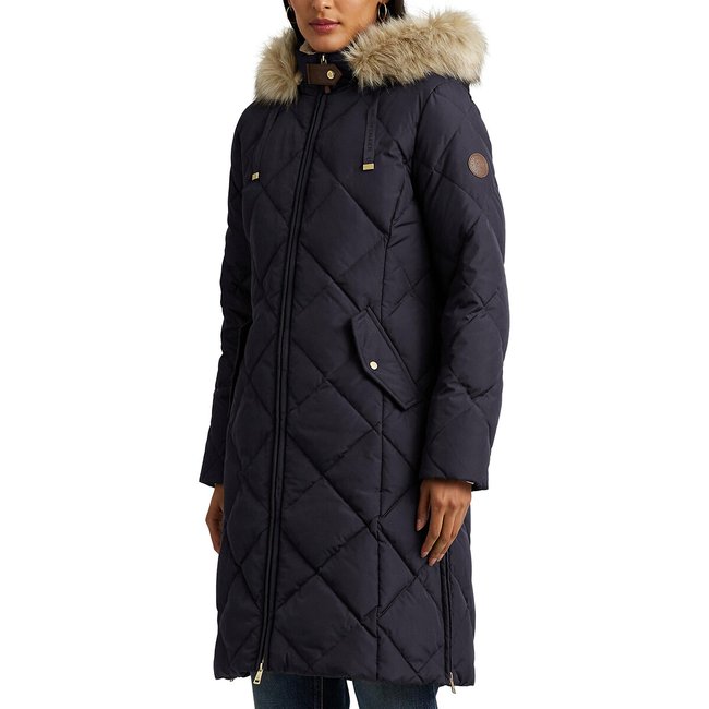 Куртка стеганая средней длины с капюшоном с оторочкой мехом темно-синий LAUREN RALPH LAUREN