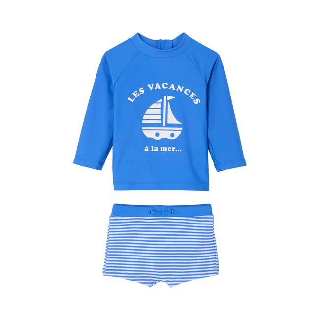 Ensemble de bain T-shirt anti-UV + shorty bleu/rayé bleu et blanc <span itemprop=