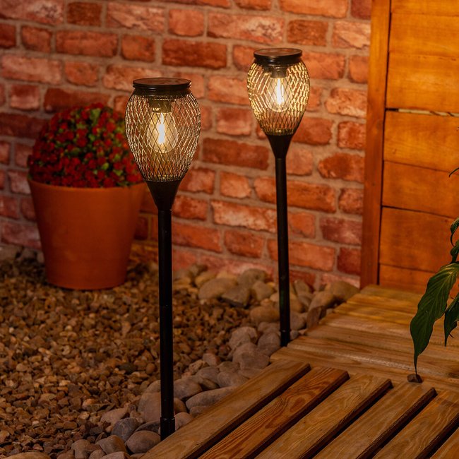 Set of 2 Solar Powered Outdoor Metal Cage Garden Spike Lights, black, SO'HOME