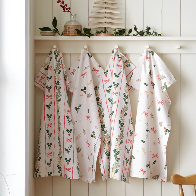 Holly Stripe Christmas Cotton Kitchen Tea Towel Pack Of 4, multi-coloured, CATHERINE LANSFIELD