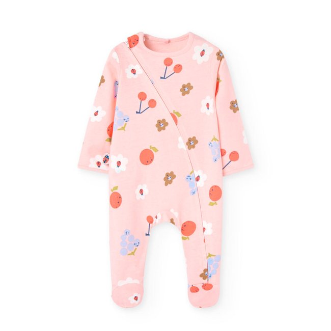 Grenouillère en tricot fleurs rose <span itemprop=