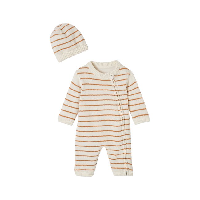 Ensemble combinaison et bonnet en tricot rayé noisette <span itemprop=