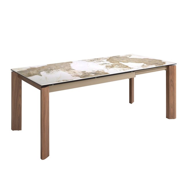 Table à manger à rallonge rectangulaire marbre porcelaine et noyer Couleur blanc | noyer <span itemprop=