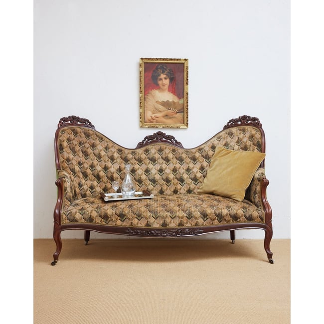 Banquette double en tissu Martine N°63 - Bon état Couleur bois foncé <span itemprop=