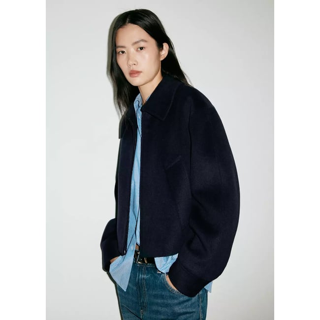 Veste bomber laine bleu marine <span itemprop=