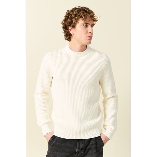 Pull fin manches longues col rond ecru <span itemprop=