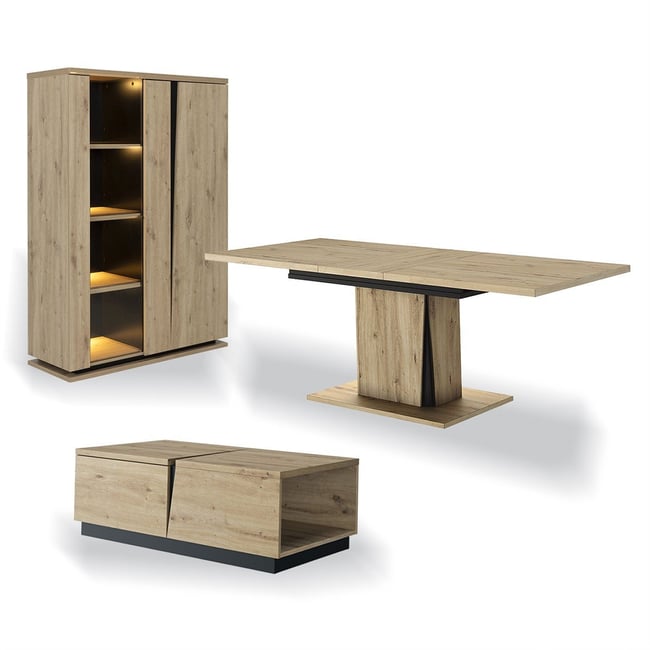 Ensemble vaisselier 2 portes avec éclairage avec table à manger extensible et table basse 1 tiroir Crack - Fabrication Française Couleur bois clair <span itemprop=