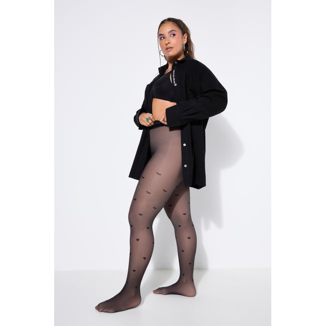 Collants aspect transparent, cœurs noir <span itemprop=