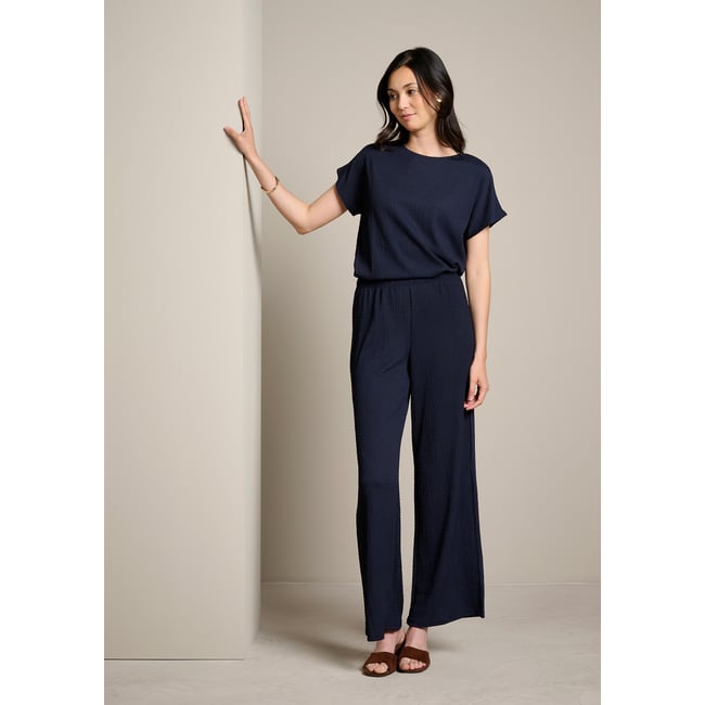 Pantalon fluide maille gaufrée bleu marine <span itemprop=