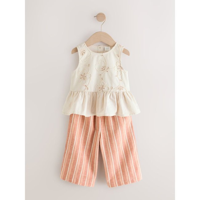 Ensemble pantalon et chemisier coordonné brodé neutre <span itemprop=