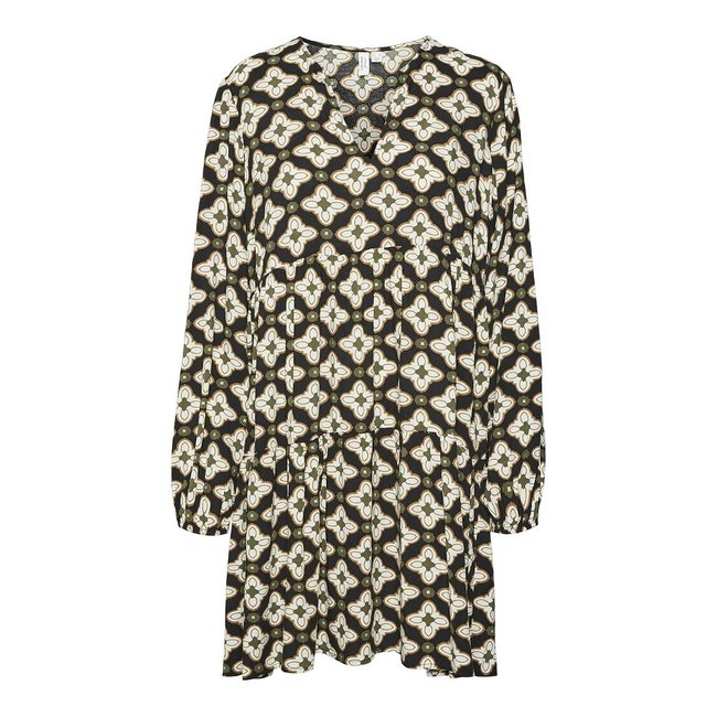 Vestido curto estampado, decote em V preto/cru <span itemprop=