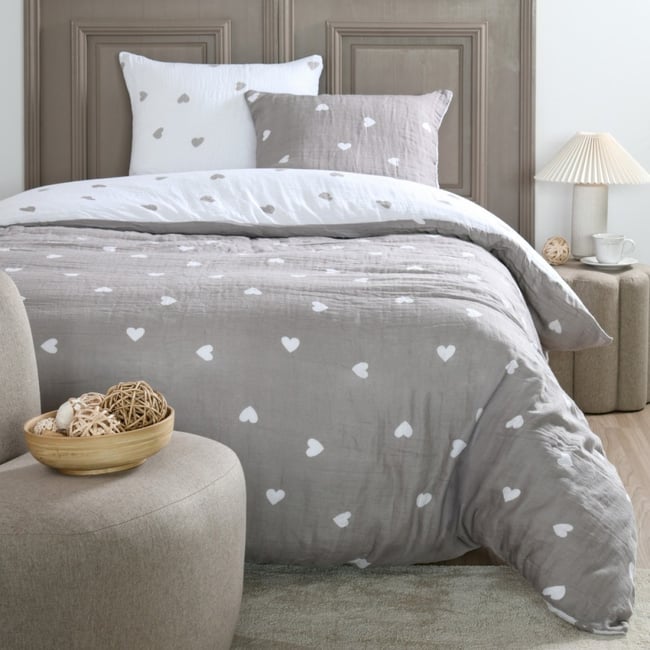 Housse de couette 2 personnes COEURS + 2 taies double gaze de coton blanc <span itemprop=