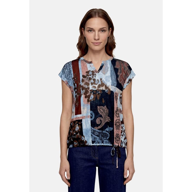 T-shirt façon blouse à cordon coulissant sous tunnel bleu/rouge <span itemprop=