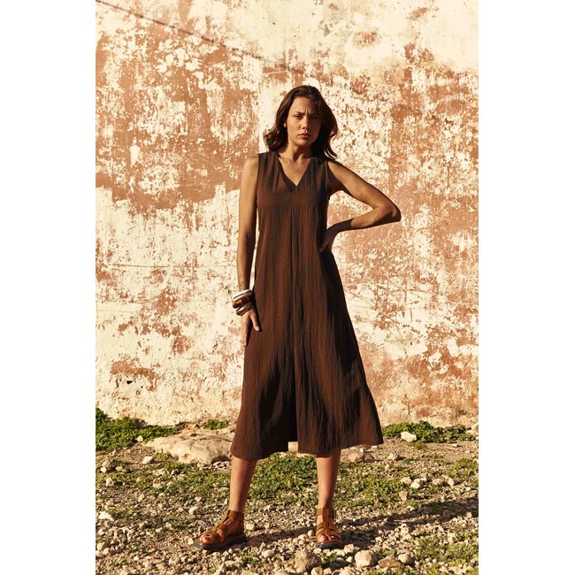 Robe sans manches midi col V, ROSANNA 16-marron <span itemprop=
