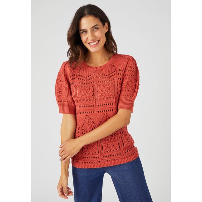 Femme Thermolactyl Pull Maille Ajourée Femme - 100% Coton - Manches Coudes - Style été Maille Coton Ajourée