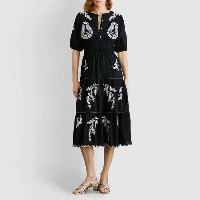 Robe Midi À Détails Brodés En Popeline noir <span itemprop=