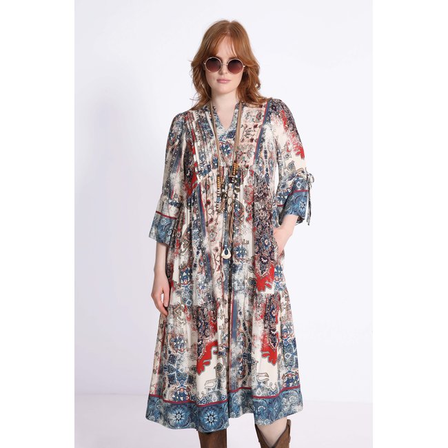 Robe midi en imprimé avec plastron bleu <span itemprop=