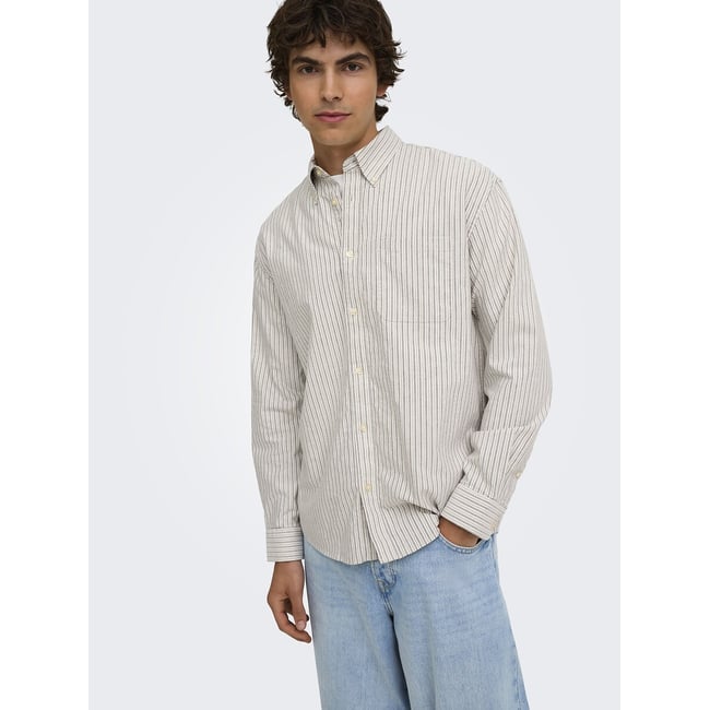 Camicia a maniche lunghe Oxford rigato/beige ONLY & SONS