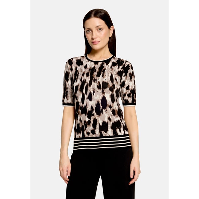Pull-over en maille manches courtes beige/noir <span itemprop=