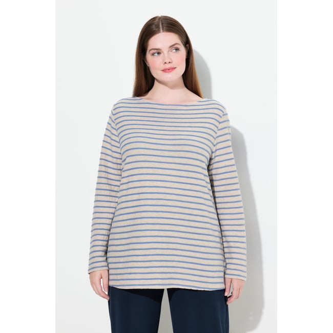 T-shirt rayé en coton bio bleu jean <span itemprop=