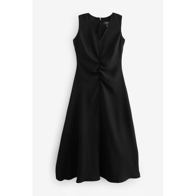 Robe mi-longue froncée sans manches noir <span itemprop=