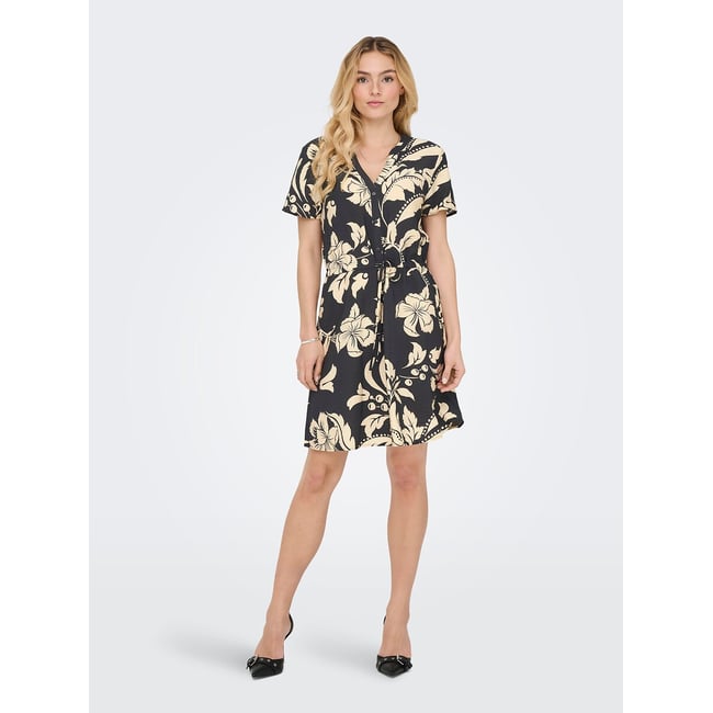 Vestido corto estampado, cuello de pico estampado negro/crudo <span itemprop=