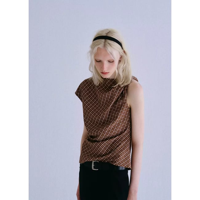 Blouse carreaux asymétrique marron <span itemprop=