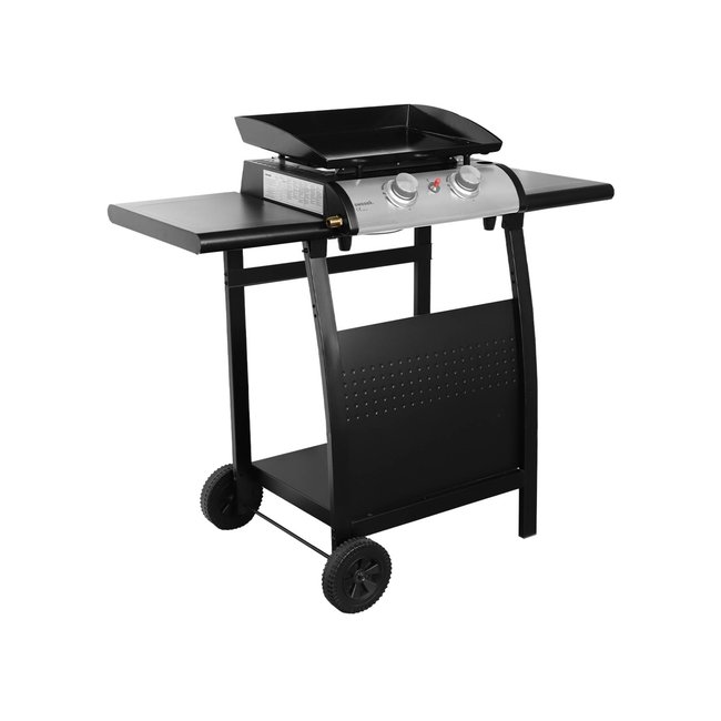 Plancha gaz 2 brûleurs inox 5kW avec chariot PLANCHA PORTHOS 2 BRÛLEURS + CHARIOT noir <span itemprop=