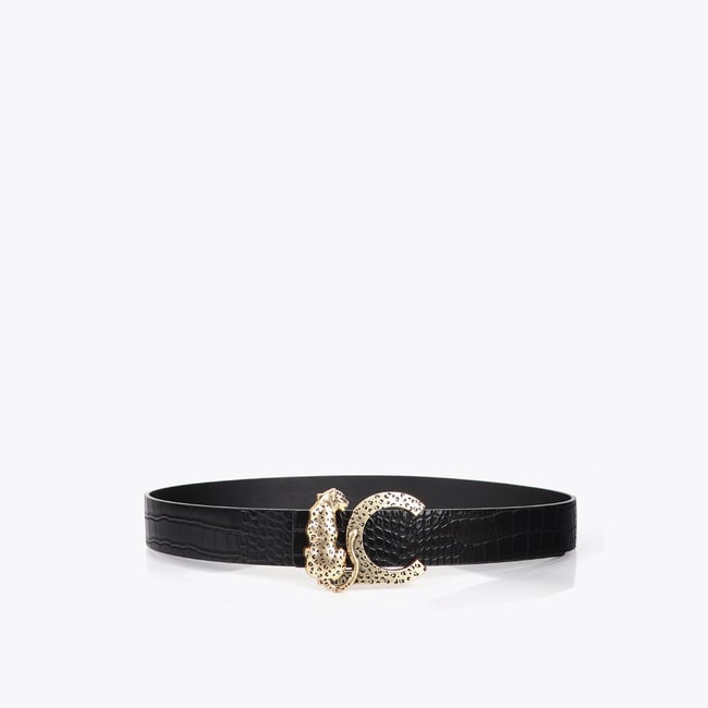 Ceinture effet croco à boucle félin noir <span itemprop=