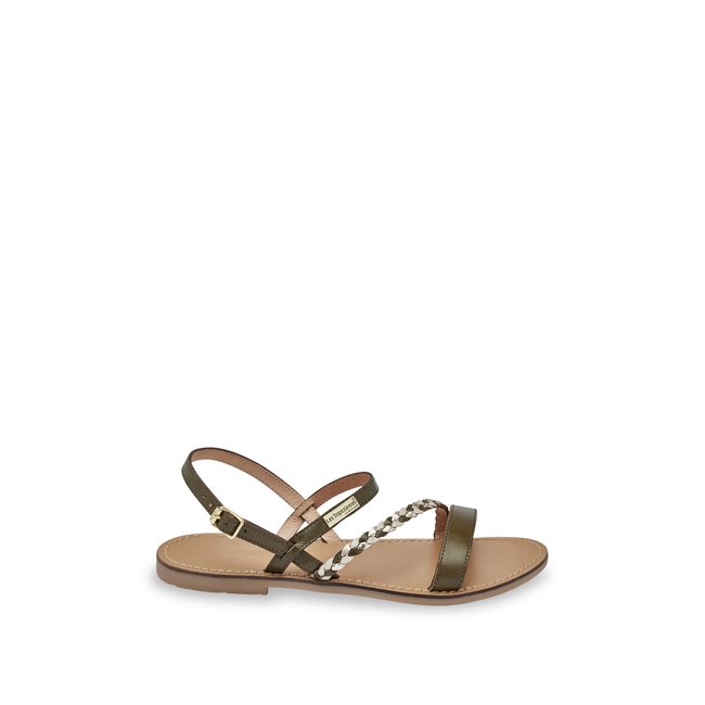 Sandales plates à brides en cuir BATRESSE kaki <span itemprop=