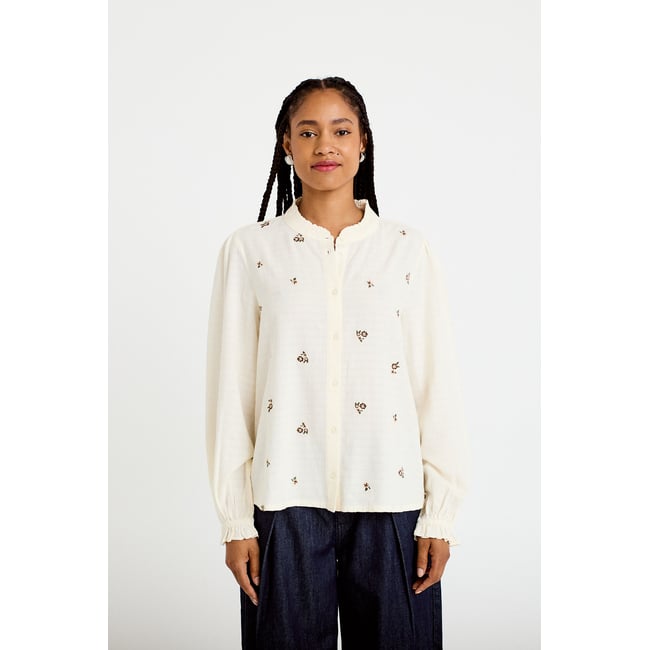 Blouse droite courte col v broderie ivoire <span itemprop=