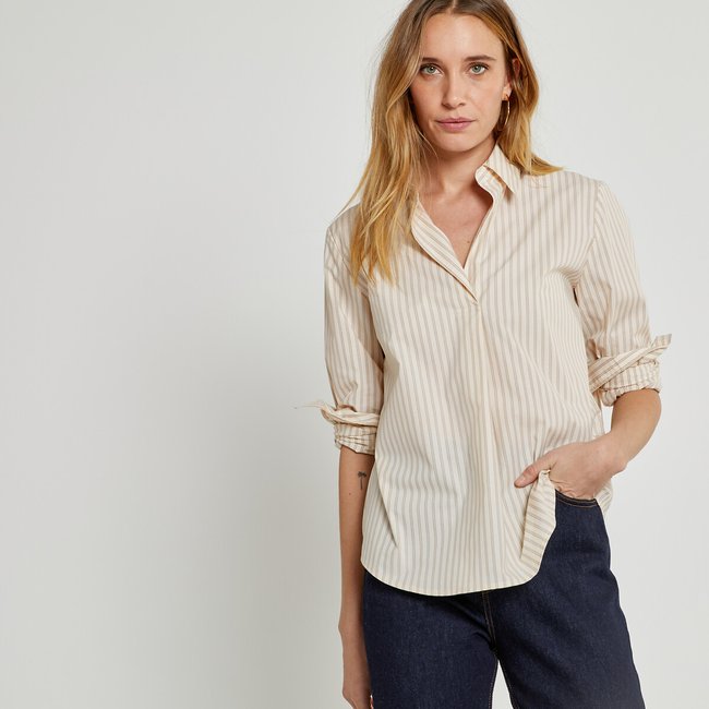 Striped Cotton Oversized Shirt, striped beige, LA REDOUTE COLLECTIONS
