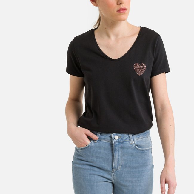 T-shirt com decote em V, motivo à frente preto <span itemprop=