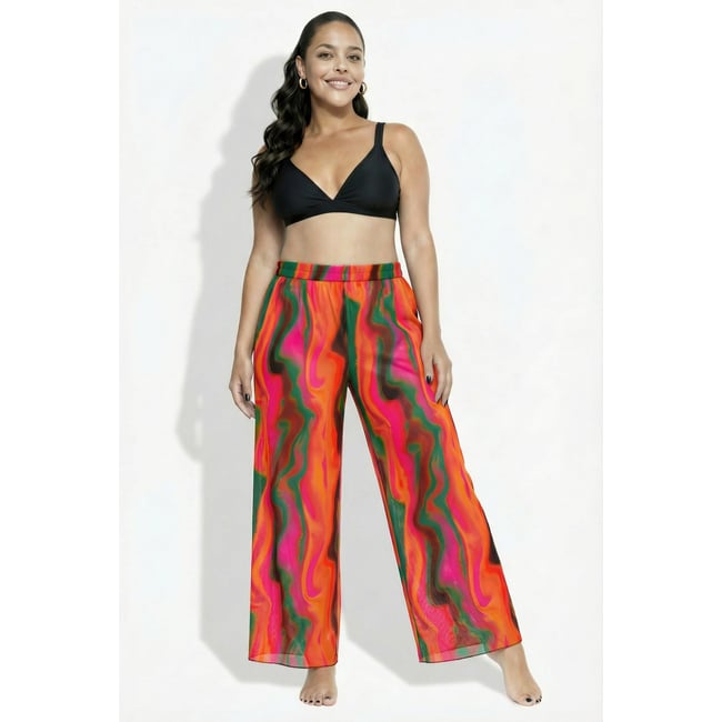 Pantalon Palazzo, motif vagues rose vif magenta <span itemprop=