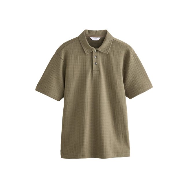 Polo en crêpe texturé à col boutonné vert kaki <span itemprop=