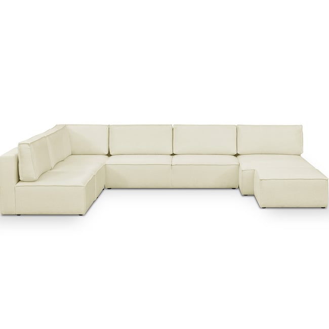 Canapé d'angle gauche convertible 10+1 places en tissu bouclé - HARPER MOD Couleur ecru <span itemprop=