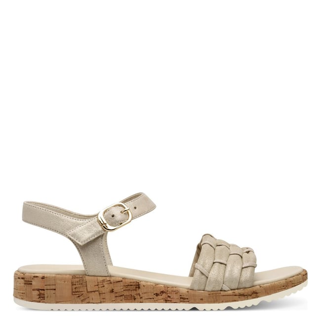 Sandale à talon en cuir blanc champagne <span itemprop=